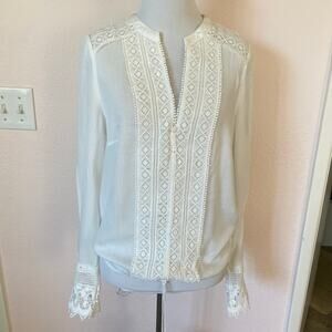 Lulus Ivory Lace Boho Cottagecore Blouse Sheer Long Sleeve Crochet Trim M